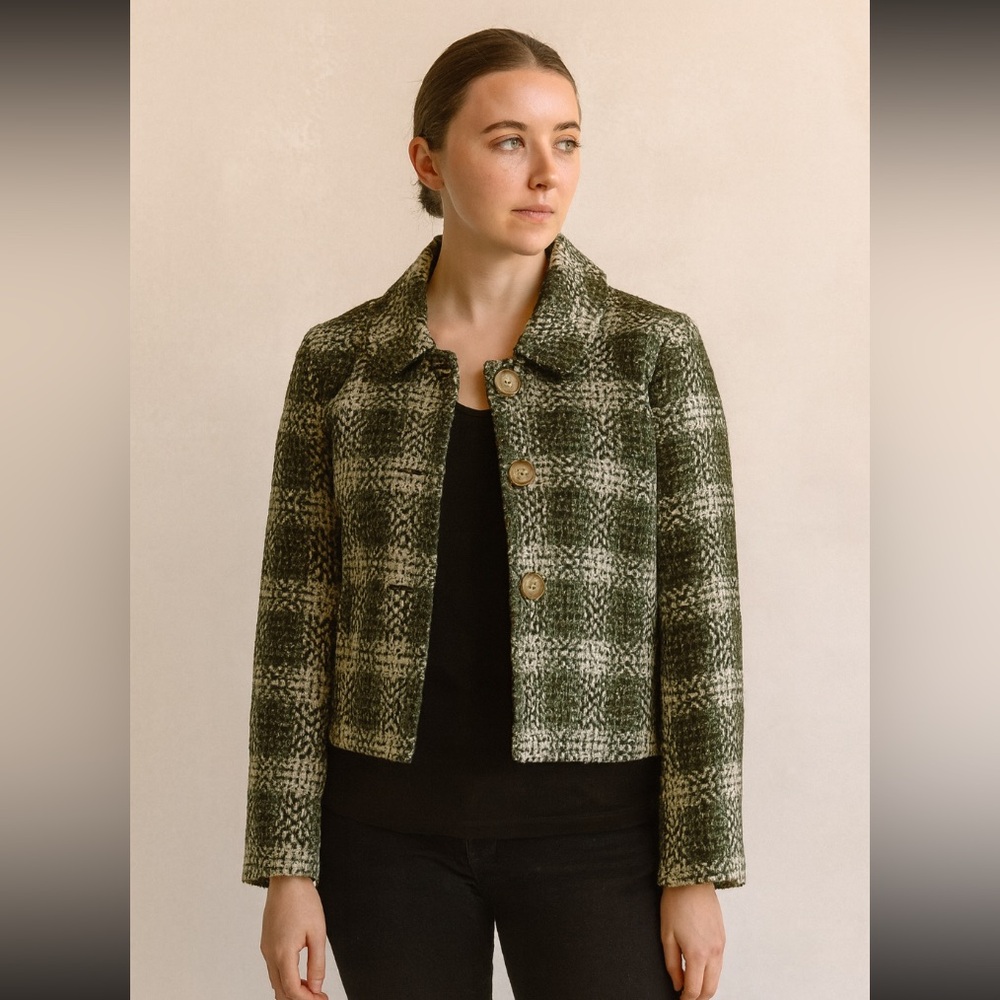 Ann Taylor Green Plaid Tweed Jacket Women’s Size 12 Petite